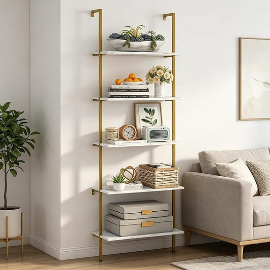 Wolawu 5 Tiers Ladder Shelf White Marble Modern Bookshelf Open Tall Wall Mount Bookcase Standing Leaning Wall Shelves Industrial Decorative