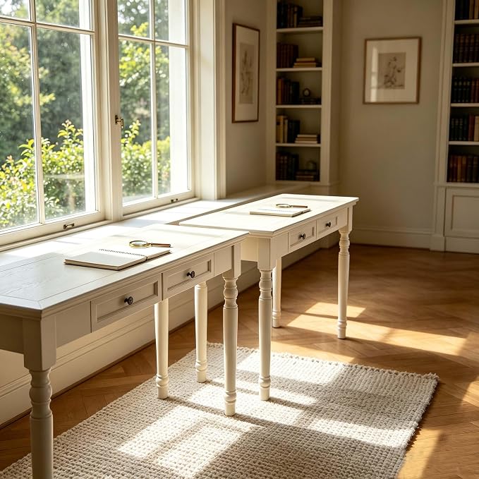 47" Narrow Solid Wood Writing Desk with Drawers, White French Country Style Computer Desk for Home Office, Living Room or Study