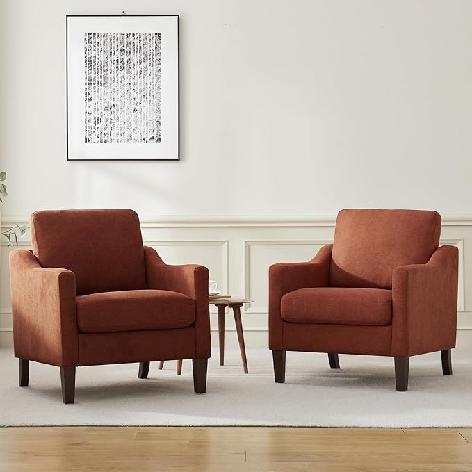 VKNOW Mid Century Modern Accent Chair, Upholstered Living Room Chairs Armchair for Bedroom, Comfy Reading Accent Chairs with Wood Legs for Living Room (2, Orange)