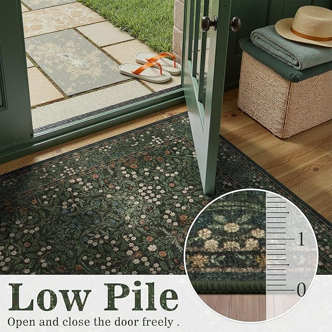 DCX Green Area Rug 9x12, Machine Washable Non Slip Stain Resistant Soft Vintage Floral Rug, for Living Room, Bedroom, Dining Room, Soft Low Pile Large Carpet