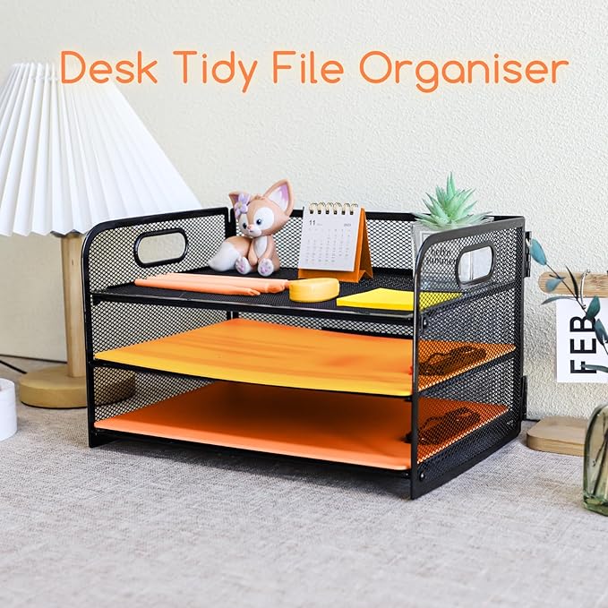 3 Tier Letter Tray Paper Organizer with Handle Desk Paper Organizer Tray, Desktop File Folder sorter Holder for Home Office School