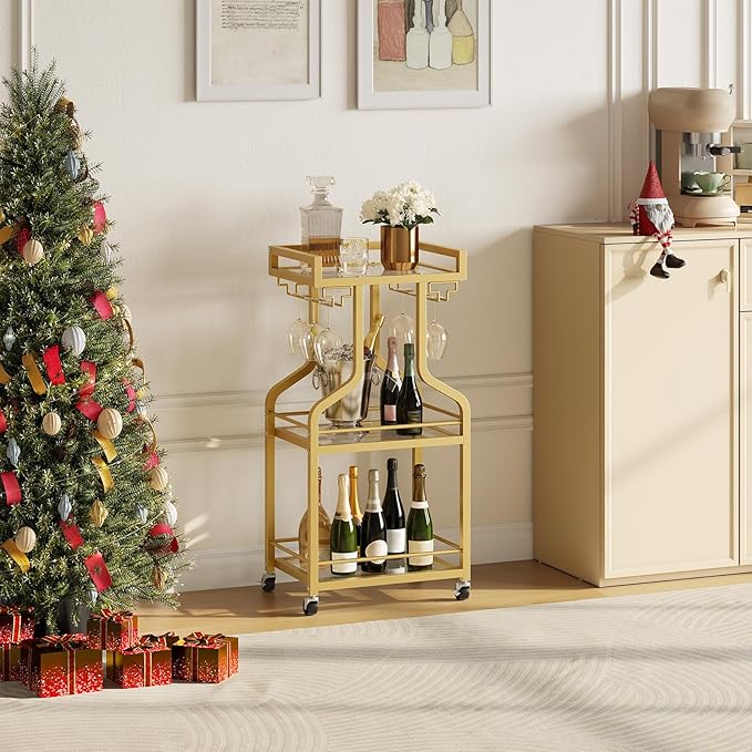 Bar Cart, 3-Tier Bar Serving Rolling Cart with Wheels and Wine Glass Holders, Mobile Beverage and Wine Cart, for Kitchen, Dining Room, Gold TTC30GJ