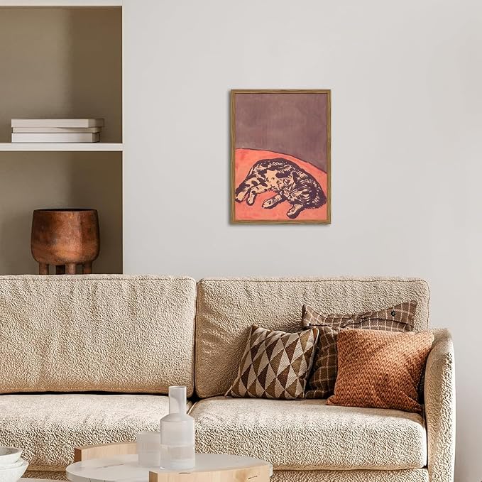 Mid Century Cute Cat Wall Art Abstract Sleeping Cat Wall Decor Painting, Vintage Calicos Animal Poster Canvas Print Picture for Living Room Bedroom 12x16 inch Wood Framed