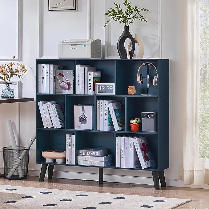 LEYAOYAO 10 Cube Bookshelf,3 Tier Modern Wide Bookcase with Legs,Mid-Century Wood Bookshelves Storage，Dark Blue Large Book Case,Freestanding Organizer Display Shelf for Bedroom,Living Room,Office