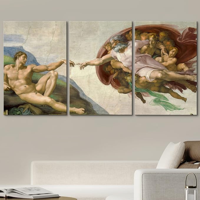 wall26 Canvas Print Wall Art Set Creation of Adam by Michelangelo Cultural Historic Oil Painting Fine Art Reproduction Scenic Colorful for Living Room, Bedroom, Office - 24"x36" x 3 Panels