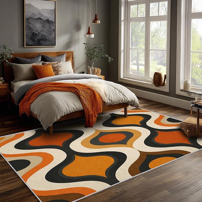 Retro Wave Area Rug 2x3, Mid-Century Modern Geometric Rug, Orange Brown Abstract Carpet for Living Room Bedroom, Soft Non-Slip Washable Rug
