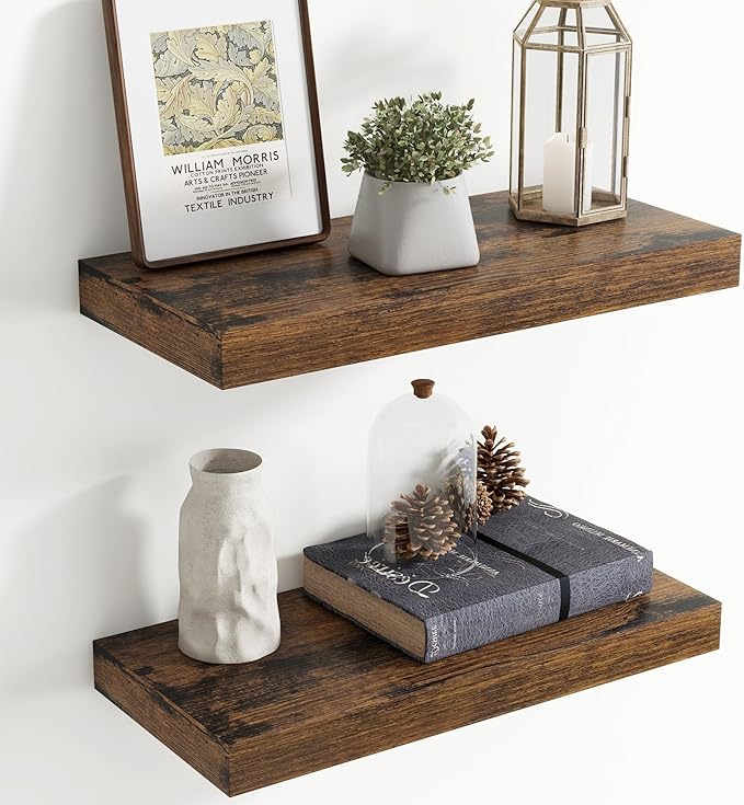 20 Inch Floating Shelves for Wall, 8 Inch Deep Floating Shelf for Storage & Display, Wall Mounted Shelf with Invisible Brackets for Living Room, Kitchen, Bathroom, Home Decor, Set of 2, Rustic Brown