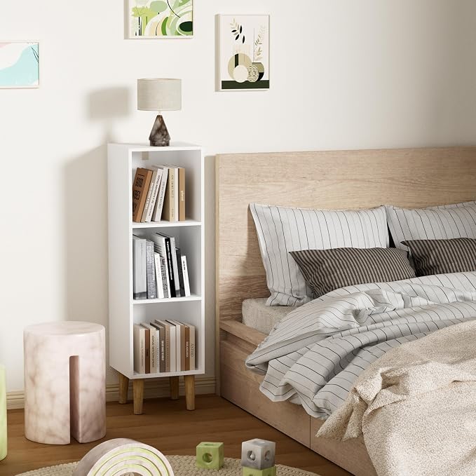 3 Cube Bookcase, Wooden Book Shelf Cube Storage Organizer with Legs, 3 Tier Bookshelf Freestanding Open Shelves for Bedroom, Living Room, Home Office (White, 3 Cube)