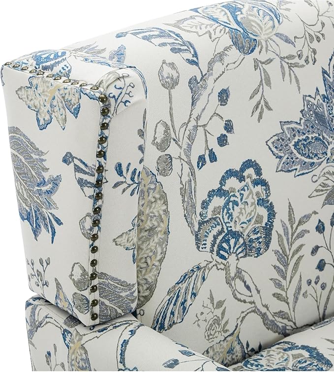 High Back Accent Chair, Fabric Upholstered Armchair Floral Wingback Chair for Living Room, Comfy Single Sofa Bedroom Reading Seat with Solid Wood Legs - Plants Blue