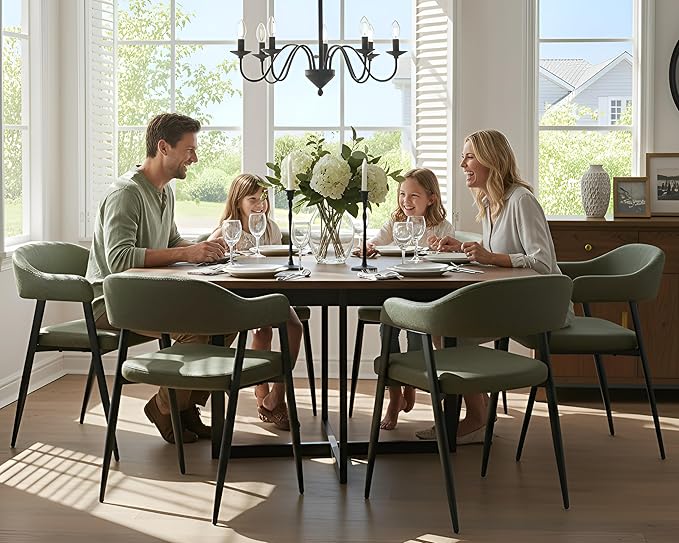 HNY Modern Dining Room Arm Chairs Set of 4, Green Retro Faux Leather Upholstered Barrel Dining Chairs with Arms Mid-Century Accent Chair with Metal Legs, Open-Back Kitchen Side Chairs for Living Room