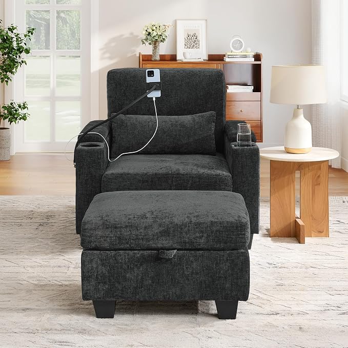 Small Chaise Lounge Chair Indoor with Ottoman&Adjustable Backrest,Chenille Tufted Recliner Comfy Sofa Chair with USB,Phone Holder&Storage Arms,Convertible Sleeper Couch Bed for Living Room(37"W,Black)
