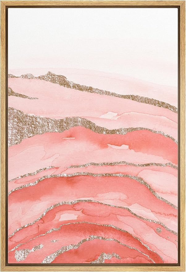 MUDECOR Framed Canvas Print Wall Art Coral Pink Watercolor Gradient Blots Lined with Gold Abstract Shapes Illustrations Modern Art Bohemian Colorful for Living Room, Bedroom, Office - 24"x36" Natural