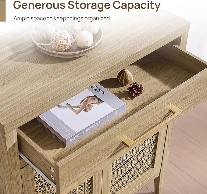 SICOTAS 30" Kitchen Sideboard Buffet Cabinet with Storage, Modern Coffee Bar Cabinet with Adjustable Shelves & Gold Mesh Doors, Storage Cabinet with Drawer for Living Room, Dining Room, Light Walnut