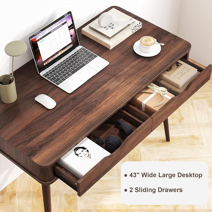 POWERSTONE Mid Century Office Desk with 2 Drawers - Vintage Writing Desk Computer Workstation with Sturdy Rubberwood Legs & Spacious 43.5" Desktop for Home Office Bedroom (Walnut)