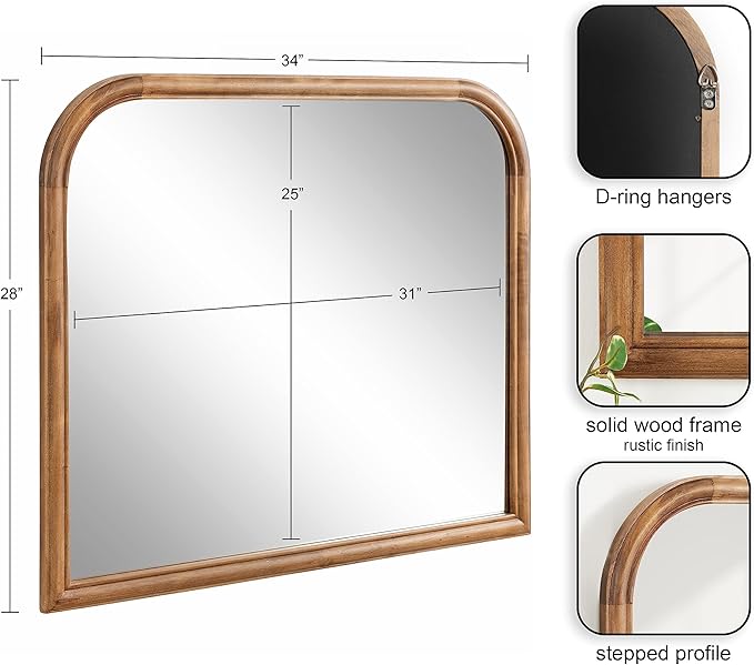 Kate and Laurel Glenby Transitional Wide Arch Wall Mirror, 34 x 28, Rustic Brown, Wooden Farmhouse Arched Bathroom Mirror with Rounded and Stepped Frame Profile