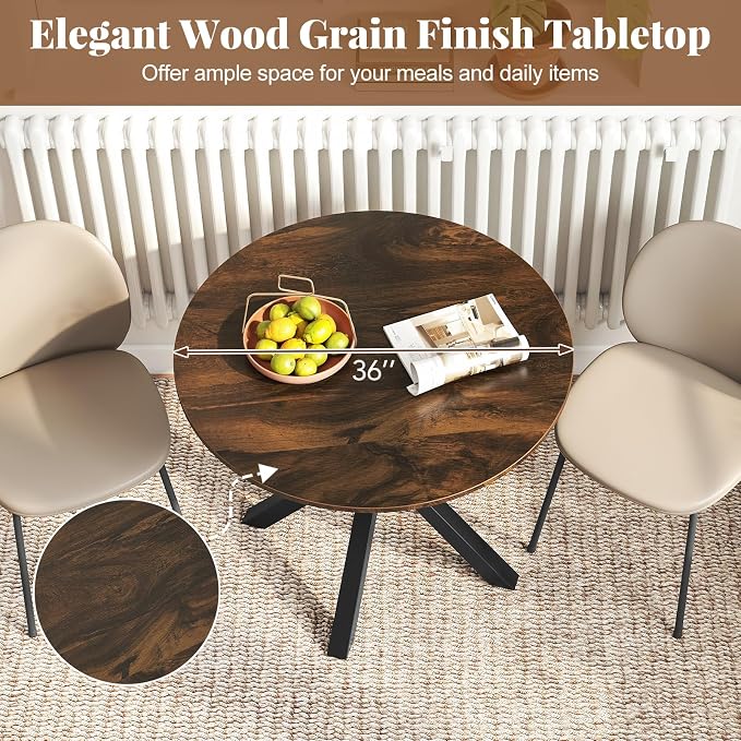 Moccha 36" Round Dining Table for 4 - Rubber Wood Kitchen Table with Intersecting Trestle Legs, Vintage Bar Table, Farmhouse Dining Room Tables for Dinette, Small Space, Restaurant, Bistro (Brown)