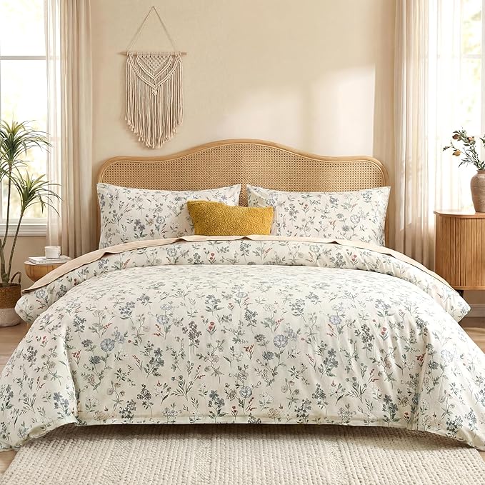 Floral Duvet Cover Set Queen Size 100% Cotton Green Floral Comforter Cover 3 Pcs Lightweight Soft Aesthetic Floral Bedding Sets
