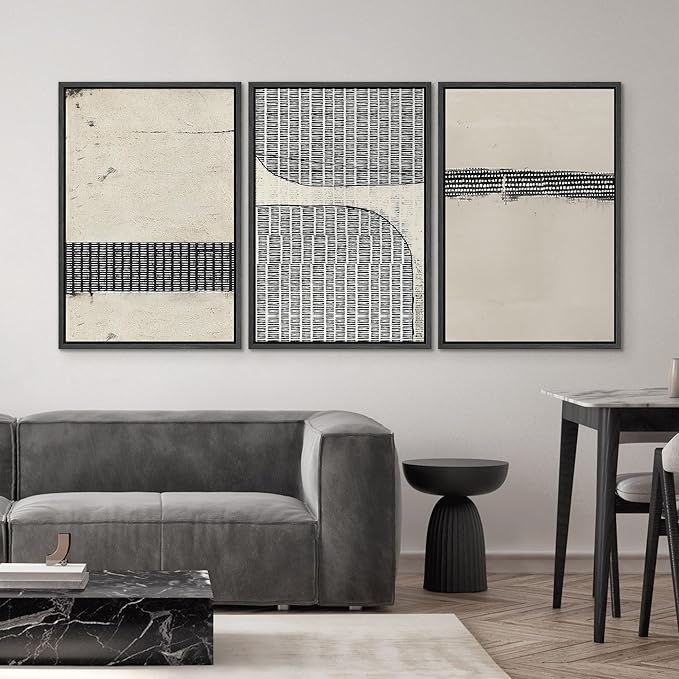 SIGNWIN Framed Canvas Print Wall Art Set Black Tan Grunge Grid Polygon Pattern Abstract Shapes Cozy Neutral Decorative Contemporary Minimal for Living Room, Bedroom, Office - 24"x36"x3 Black