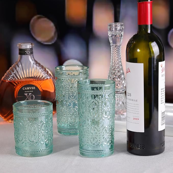 Glassware set of 4, Vintage Drinking Glasses, 10oz Heavy Duty Glass Cups, Colored Glassware Set, Embossed Glasses Set for Party Wedding Home Office Glassesware Gift