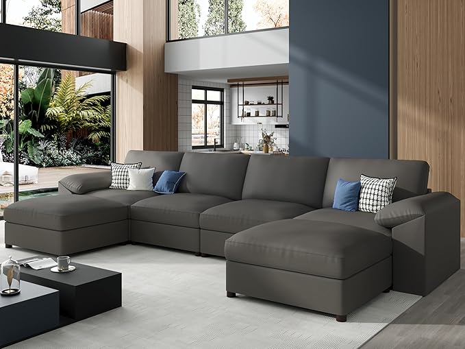 EASE MOOSE Leather Sectional Couch, Oversized Modular Sectional Sofas, Wide Deep Seat Modular Couch, Scratch Resistant Faux Leather Material, U Shaped Sofa for Big Spaces,Grey