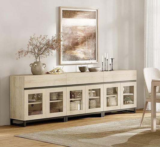 WAMPAT Multifunctional Sideboard Buffet Cabinets with 6 Glass Doors and 3 Drawers, Modern Sideboard Credenza Coffee Bar Storage Cabinet for Living Room, Kitchen, Light Oak