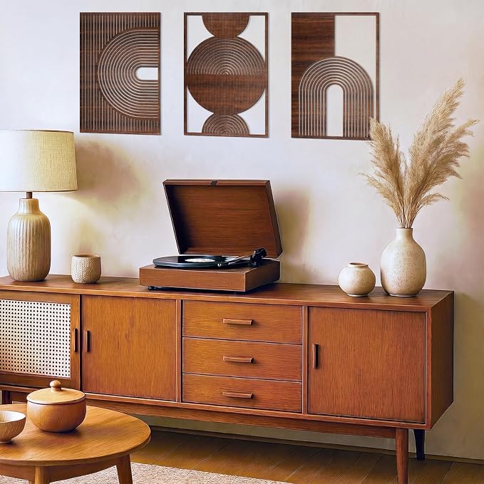 Yerliker 3 Pcs Mid Century Modern Wood Wall Art Decorations 3D Geometric Abstract Wall Sculpture for Living Room Bedroom Office Minimalist Aesthetic(Mid-century,15.75 x 15.75 x 1.97 Inch)