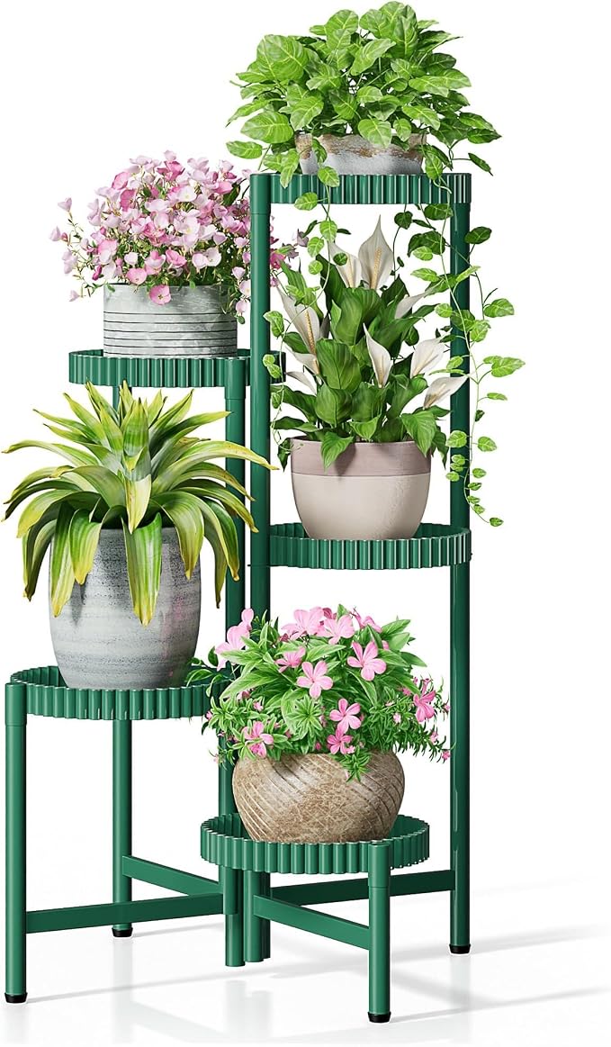 5 Tier Large Plant Stand Indoor, 7.9 Inch Wide Corner Tall Metal Plant Stands Outdoor for Multiple Plants, Folding Tiered Flower Display Holder Rack Shelf -GreenFloroma