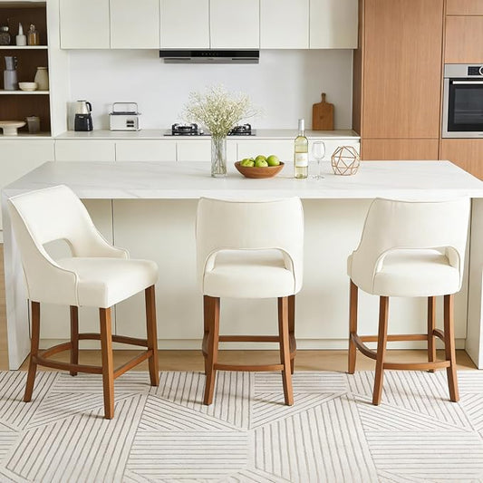 ClinQ Bar Stools Set of 3, 26" H Counter Height Bar Stools with Backs, Modern Upholstered Accent Barstools with Curved Footrest for Kitchen Island, Dining Room and Bar, Beige-Walnut Legs