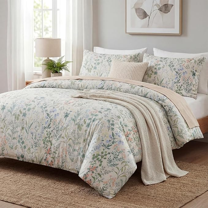Duvet Cover King Size 100% Cotton Comforter Cover Green Floral Breathable Duvet Cover with Zipper Closure & Corner Ties 3 Pcs Green Fragrant Grass Duvet Cover Set