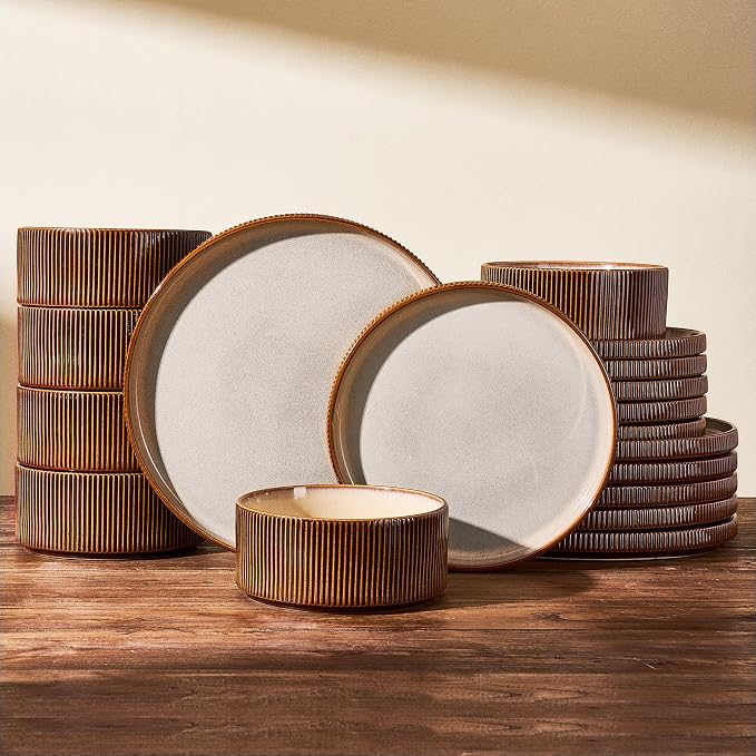 Stoneware Plates and Bowls Dishes Sets Service for 6 (18-Piece), Famiware Premium Handcrafted Reactive Glaze Dinnerware Set with Raised Rim, Scratch Resistant, Microwave Dishwasher Safe, Cream Cocoa