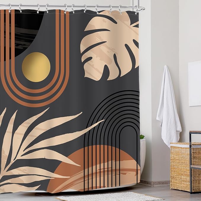 Glawry Black Boho Mid Century Shower Curtain Abstract Beige Leaves Minimalist Simple Aesthetic Arch Sun Modern Bathroom Botanical 72Wx72L Inches Bath Accessories Art Home Decor Fabric 12 Pack Hooks