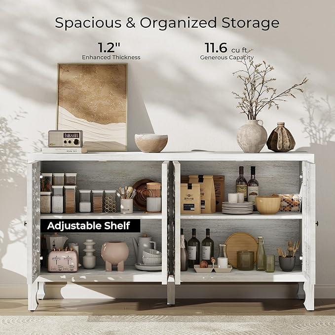 Buffet Cabinet with Storage, Accent Cabinet with 4 Carved Doors, Solid Wood Sideboard with Adjustable Shelf, White Vintage Cabinets for Kitchen, Living Room, Entryway