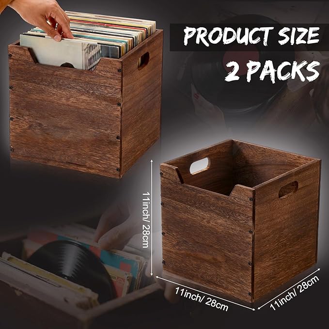 Colingmill 2 Pack Wooden Storage Box Bins Wood Crate with Open Front Stackable Cube Storage Organizer Bins for Books Records Home Pantry Clothes Toy Closet (11 Inch,Brown)