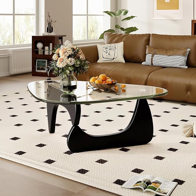 Modern Coffee Table for Living Room, 35.8" Minimalist Black Center Table with Triangle Tempered Glass & Sturdy Solid Legs, Unique Tea Tables, Cheap