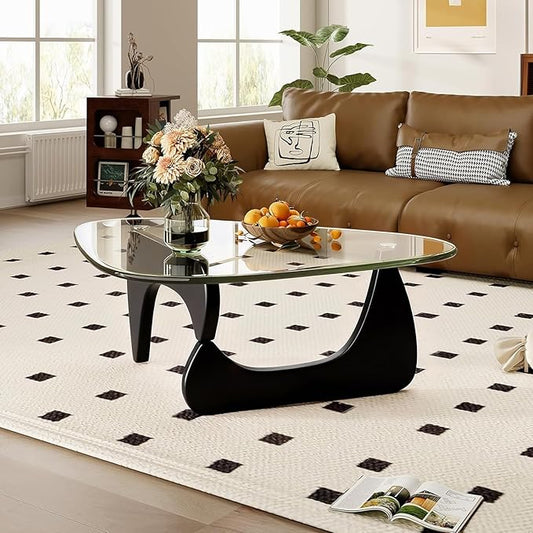 35.8" Modern Coffee Table, Triangle Tempered Glass & Sturdy Solid Legs, Mesa de Centro para Sala for Living Room Home Office