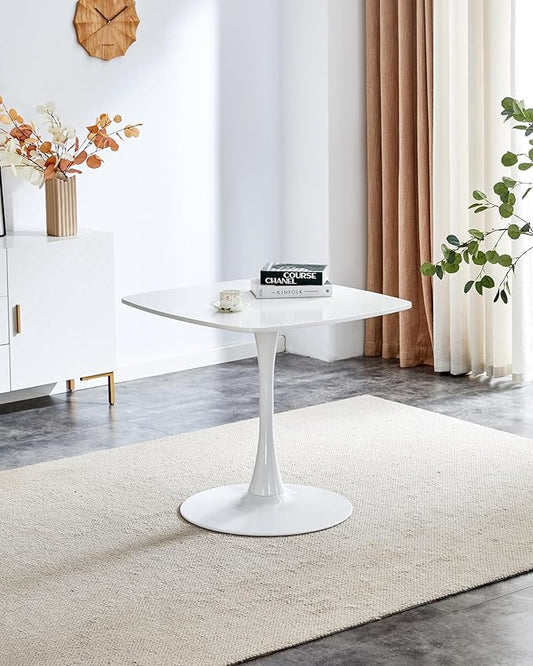 23.62 inches Square Dining Table for 2, Special Kitchen Table with Tulip Shape & Metal Pedestal Base, Mid Century Modern Bistro White Tulip Table for Kitchen, Small Space, Cafe