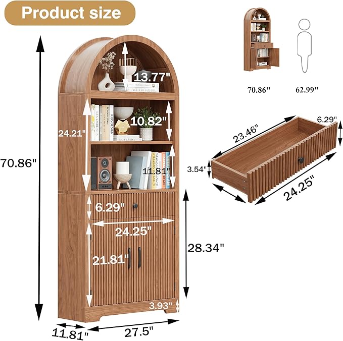 Farmhouse Arched Bookshelf, Mid-Century Modern 5-Tier Curved Cabinet with Door, Wooden Bathroom Storage Cabinet, Kitchen Pantry Cabinet for Living Room, Kitchen，Home Office, Walnut X2