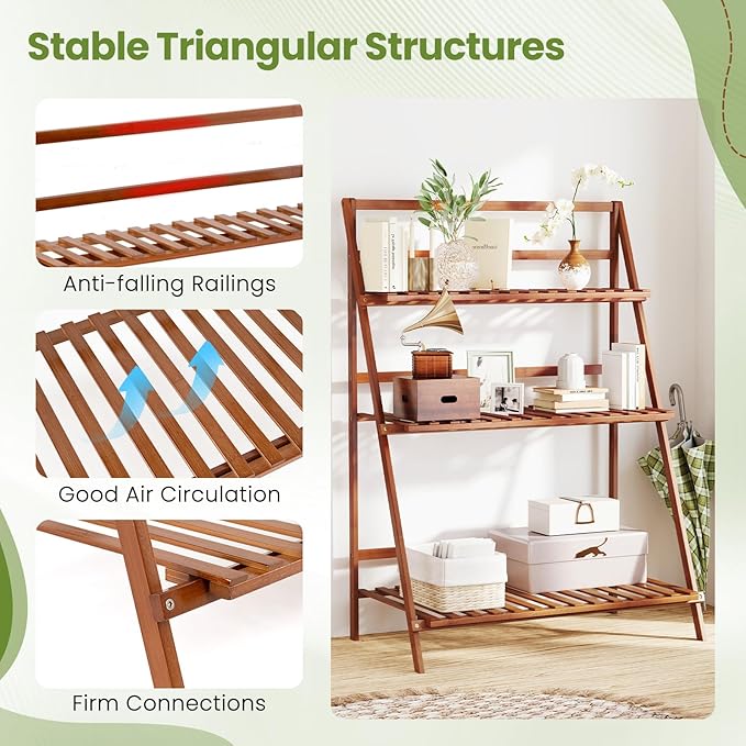Giantex Folding Bamboo Plant Stand, 3-Tier Flower Pot Rack Display Shelf, Foldable Plants Holder Organizer Storage Shelving for Patio Garden Balcony Home Indoor Outdoor (Brown)