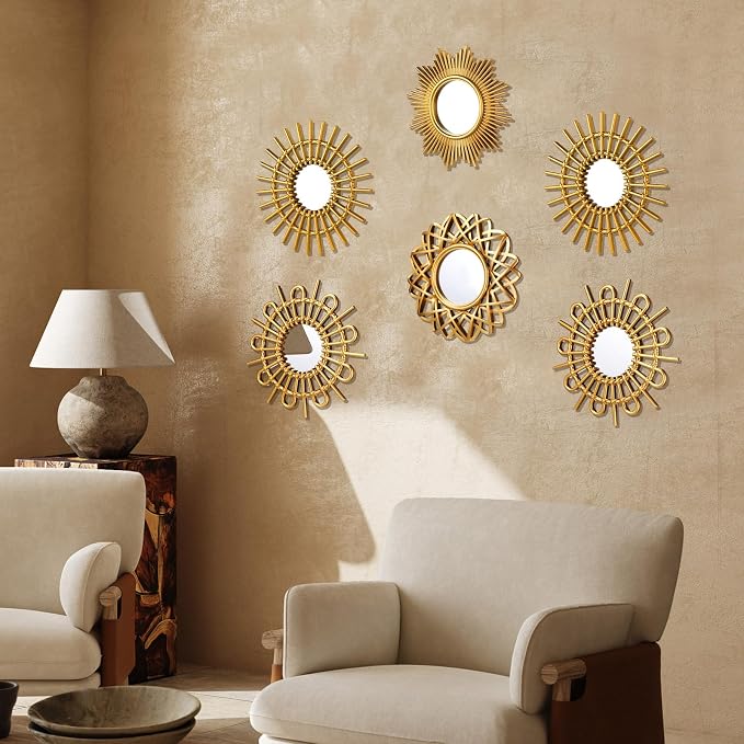 Namalu 6 Pcs Sunburst Mirror for Wall Decor, Small Circle Sun Espejos Decorative Mirror Hanging for Art Entryway Home Decor Bathroom Bedroom Living Room(Elegant,Gold)