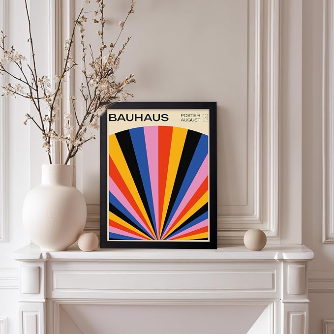 Poster Master Bauhaus Poster - Rainbow Sun Rays Print - Geometric - Abstract Art- Graphic Design - Chic Boho - Mid Century Modern Art - 8x10 Black Framed