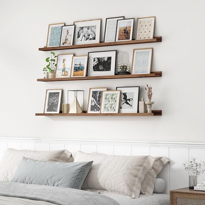 Axeman Picture Ledge Shelf | 55 Inch Walnut Floating Shelves Set of 3 | Rustic Wood Wall Shelves with Lip | 55" Walnut Picture Shelf for Wall with Ledge | Photo Shelves