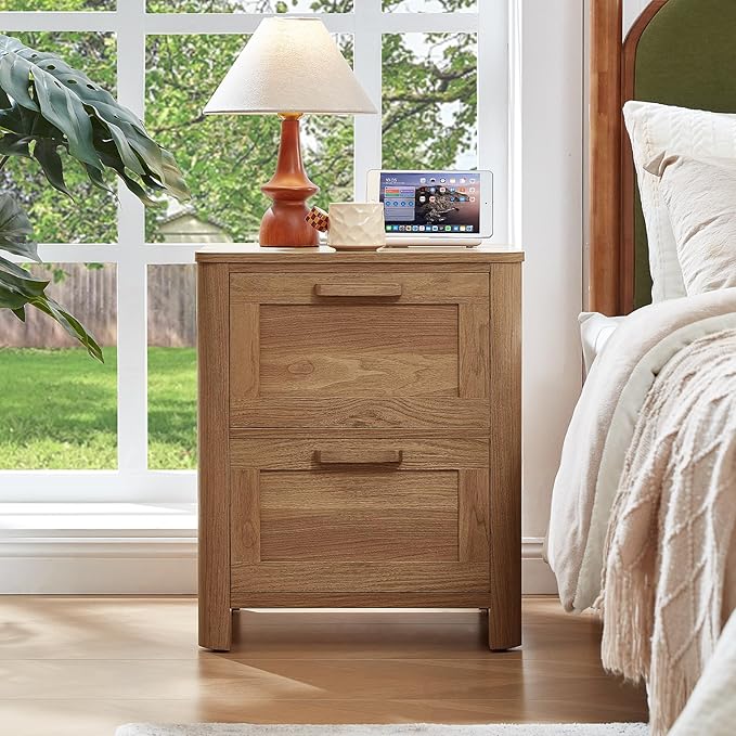 Farmhouse Nightstand Set of 2 with Charging Station, End Tables Bedroom with 2 Large Drawers & 4 Thickened Table Legs, Dark Wood