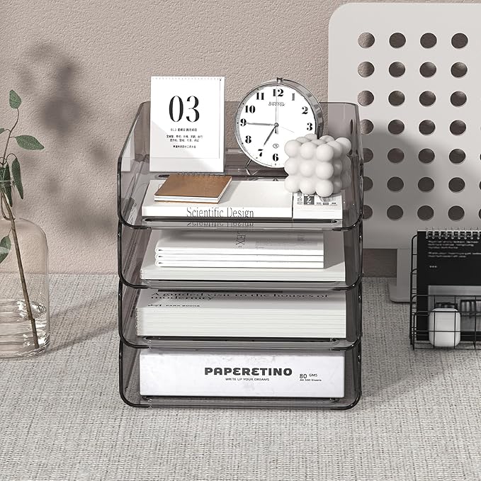 FANXIYQ 4-Tier Acrylic Paper Tray Organizer, Smoked Brown Stackable Desk File Organizer for Documents, Files, Letters, A4 Paper, Books, Notes, Mail & Paper Storage, Office Classroom Home