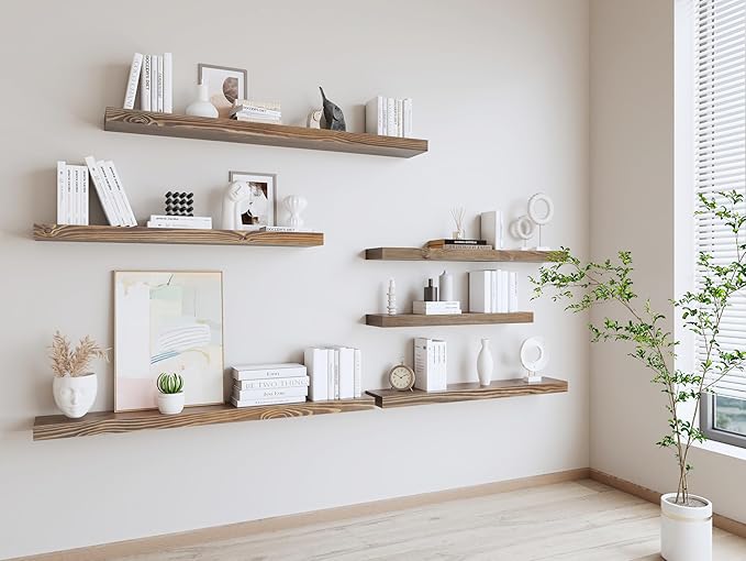 Solid Wood Floating Shelves 48 Inch, Walnut Floating Shelf for Wall Mounted, Solid Wooden Wall Shelves for Living Room Bedroom & Kitchen, Heavy Duty Bracket,Walnut Finish, 48 x 8x2, Set of 2
