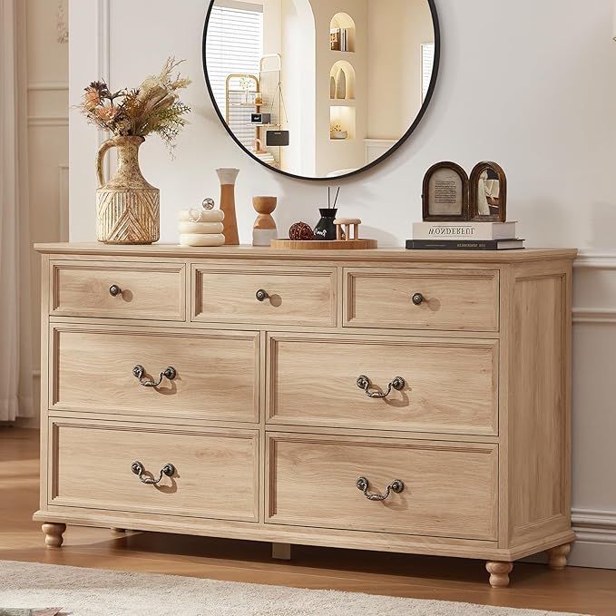 Farmhouse 54" 7 Drawers Dresser for Bedroom, Wide Wood Chest of Drawers w/ 4 Wooden Legs, Vintage Rustic Large Closet Storage Dressers Organizer for Hallway, TV Stand for Living Room, Natural