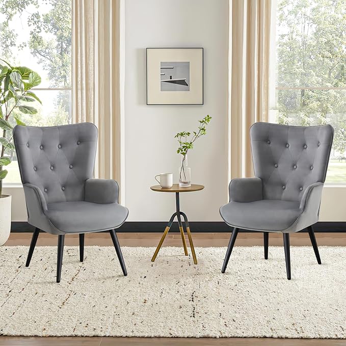 Furniliving Modern Accent Chair, Velvet Tufted Button Wingback Chair Upholstered Side Armchair Comfy Lounge Chair with Tapered Legs Sofa Leisure Chair for Home Office/Living Room/Bedroom, Grey