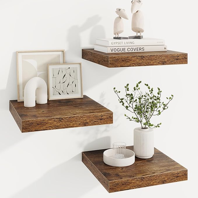 Square Floating Shelves for Wall, 11.5"W x 11.5"D x 1.25"H, 3 Pack Small Wall Mounted Engineered Wood Shelves with Invisible Brackets for Living Room, Bedroom, Bathroom, Kitchen Decor, Rustic Brown