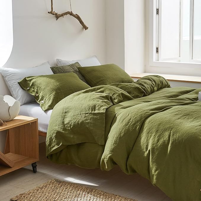 Simple&Opulence 100% Linen Duvet Cover Set 2pcs with Coconut Button Closure Natural French Washed Flax Solid Color Soft Breathable Farmhouse Bedding - Olive Green, Twin Size