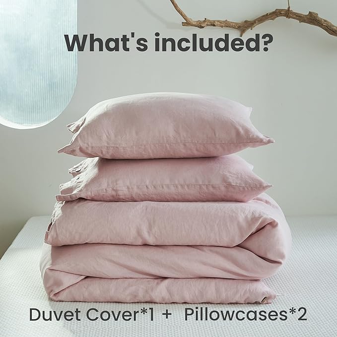 Simple&Opulence 100% Linen Duvet Cover Set 2pcs with Coconut Button Closure Natural French Washed Flax Solid Color Soft Breathable Farmhouse Bedding - Blush Pink, Twin Size