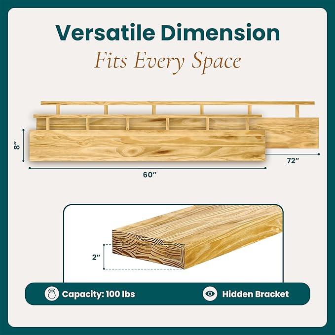 Howizz 72'' Pine Wood Floating Shelf for Wall, Rustic Wall Mounted Wooden Shelf with Invisible Brackets, Fireplace Mantel Shelf for Living Room, Bedroom, Bathroom & Home Decor, Natural Finish, 1 Pcs